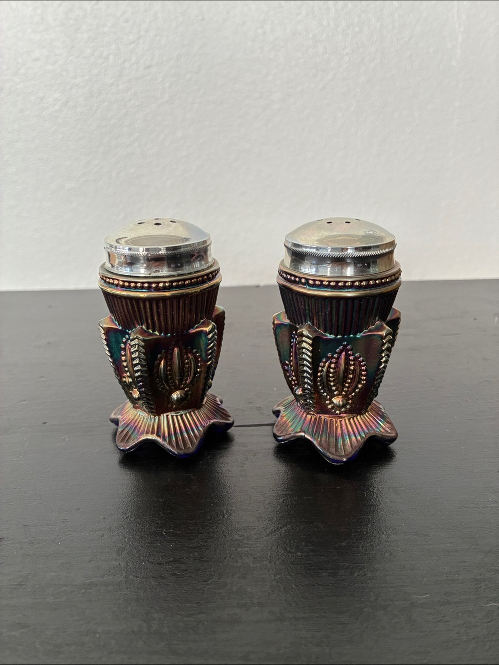Fenton for Levay Colbalt Blue Carnival Glass salt & pepper shakers